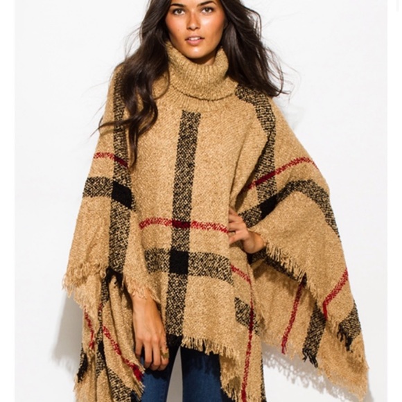 Jackets u0026 Coats | Camel Tan Red Black Buffalo Plaid Poncho Sweater |  Poshmark